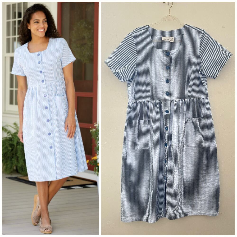 The Vermont Country Store Seersucker Dress Large Blue Cotton Cottagecore Modest